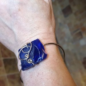 Funky handmade blue seaglass silver wire wrap bracelet
